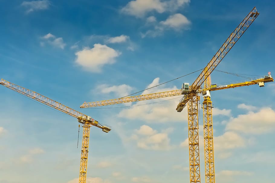yellow, tower crane, daytime, cranes, construction, build, site, baukran, sky, construction work