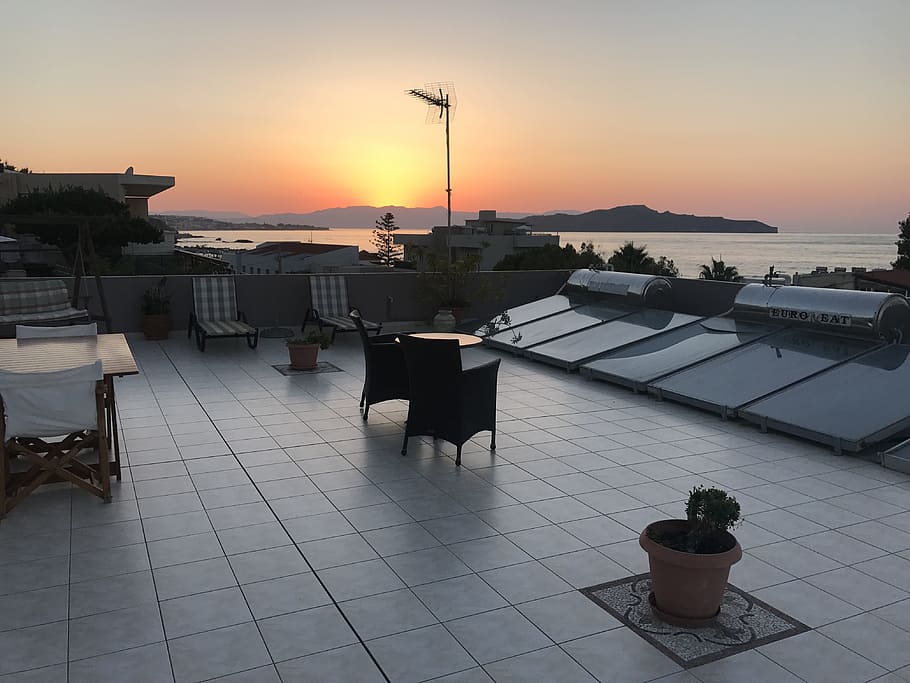 sunset, roof, rooftop, terrace, building, summer, evening, crete, greece, skyline