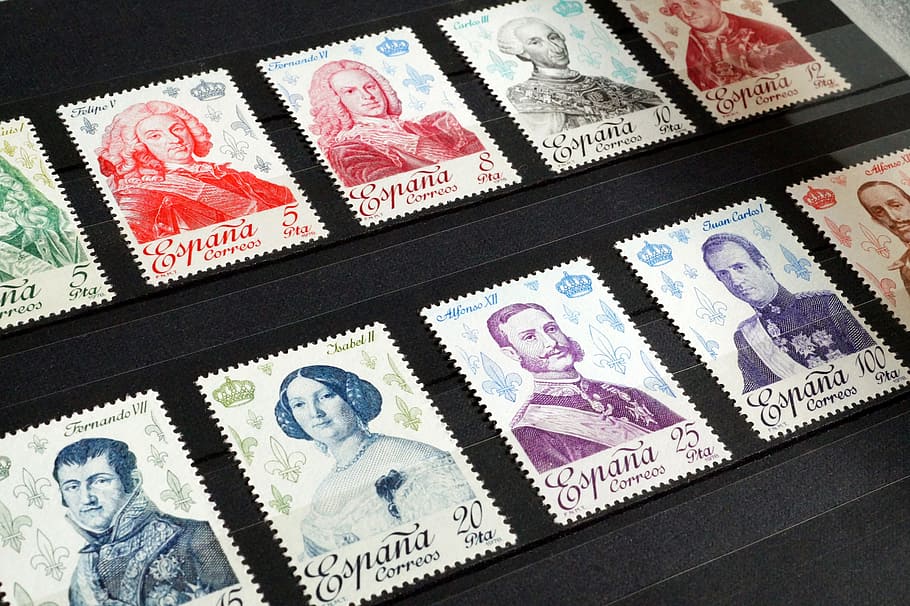assorted postage stamps, stamps, stamp collection, philately, collection, post, spain, kings, queen, spanish stamps