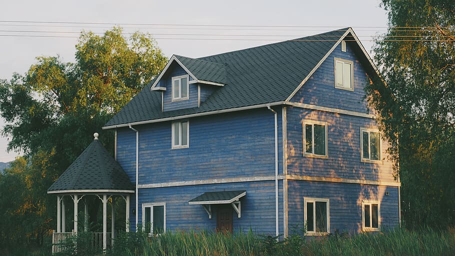 blue 3-storey house, home, neighborhood, village, house, estate, modern, property, residential, residence