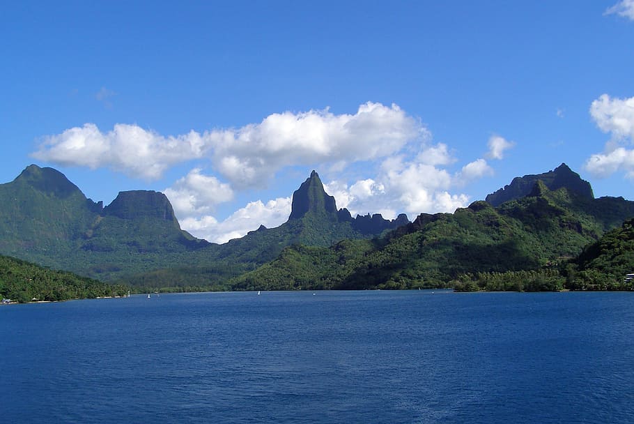 mountains, body, water, moorea, french, polynesia, society, island, tropical, lagoon