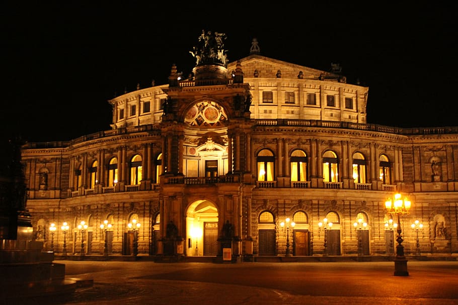 gedung opera semper, dresden, opera, opera house, di malam hari, radeberger, malam, kota, lampu kota, lampu