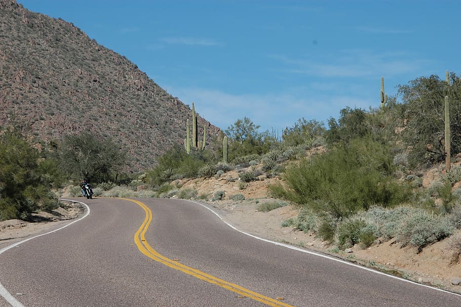Arizona, Motocicleta, Rodovia, Deserto, cacto, montanha, estrada, transporte, o caminho a seguir, viagem