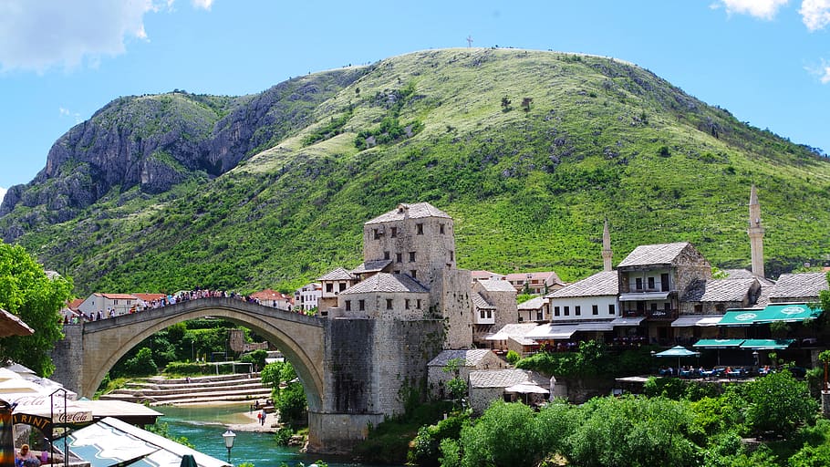 mostar, bridge, bosnia, balkan, unesco, architecture, built structure, plant, tree, nature