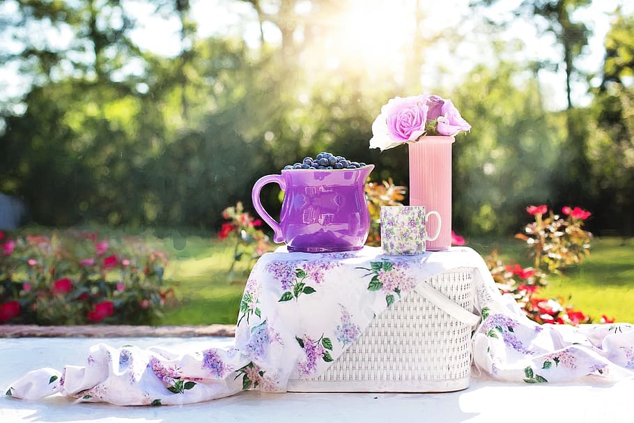 Púrpura, cerámica, jarra, blanco, cesta de picnic de mimbre, durante el día, arándanos, verano, fruta, fresco