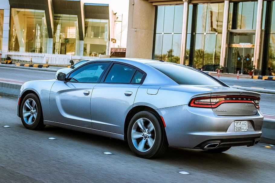 dodge, charger, srt, vehicle, sports, car, automobile, transport, silver, speed
