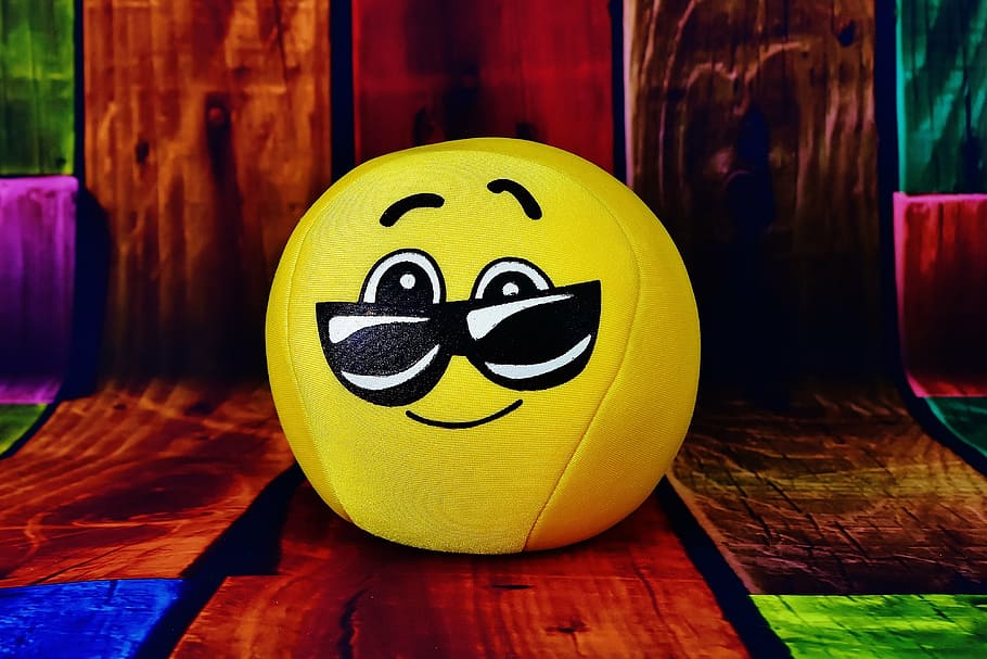 emoji plush pillow, smiley, cool, glasses, cute, face, fun, ball, friendly, funny