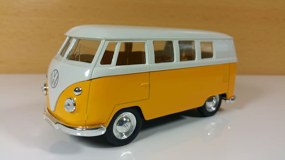 yellow, white, volkswagen, transporter, 2, scale, model, toy, surface, bulli