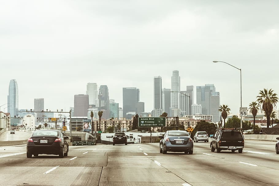 vehicles, gray, road, building, white, sky, los angeles, downtown, center, skyscrapers