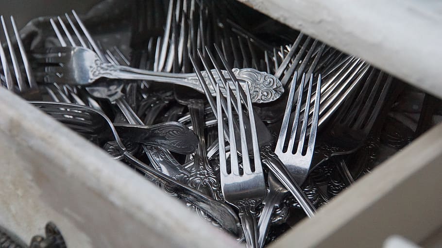 cutlery, forks, cutlery tray, cabinet, drawer, restaurant, cafe, selective focus, metal, close-up