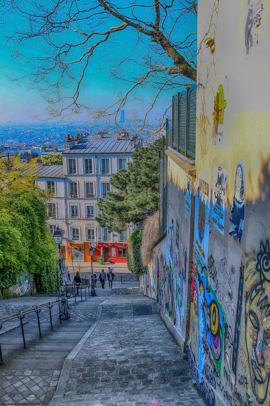 paris, montmartre, stairs, city, colors, modern, urban, house, blue, street