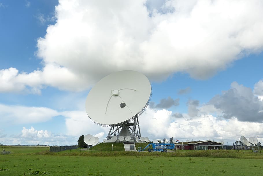 landscape, holland, radio bowl, earth station, satellite dish, sky, netherlands, rural, clouds, houses