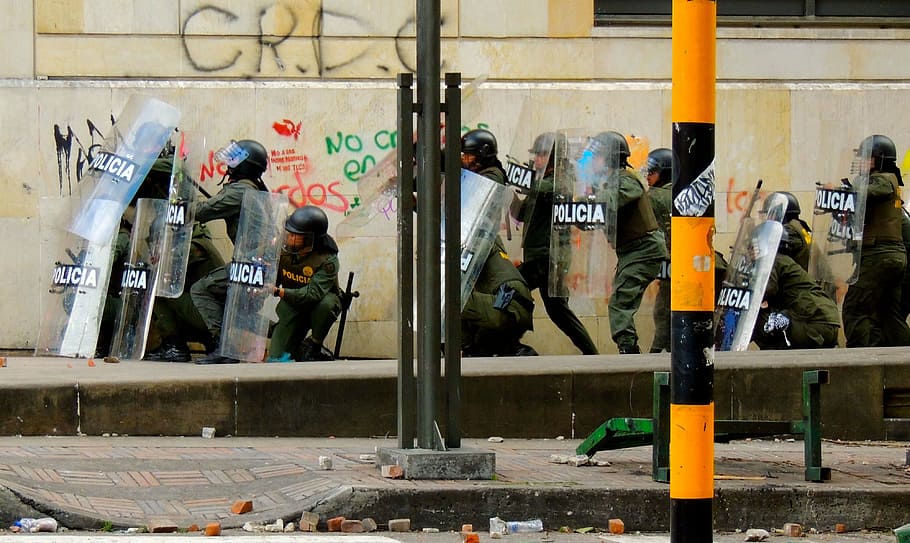 policemen group, concrete, pavement, protest, bogota, police, riot, swat, special forces, day