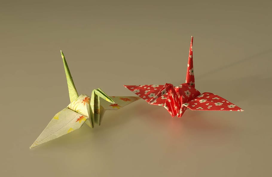 two, yellow, red, origami, cranes, paper, shapes, art, artistic, macro