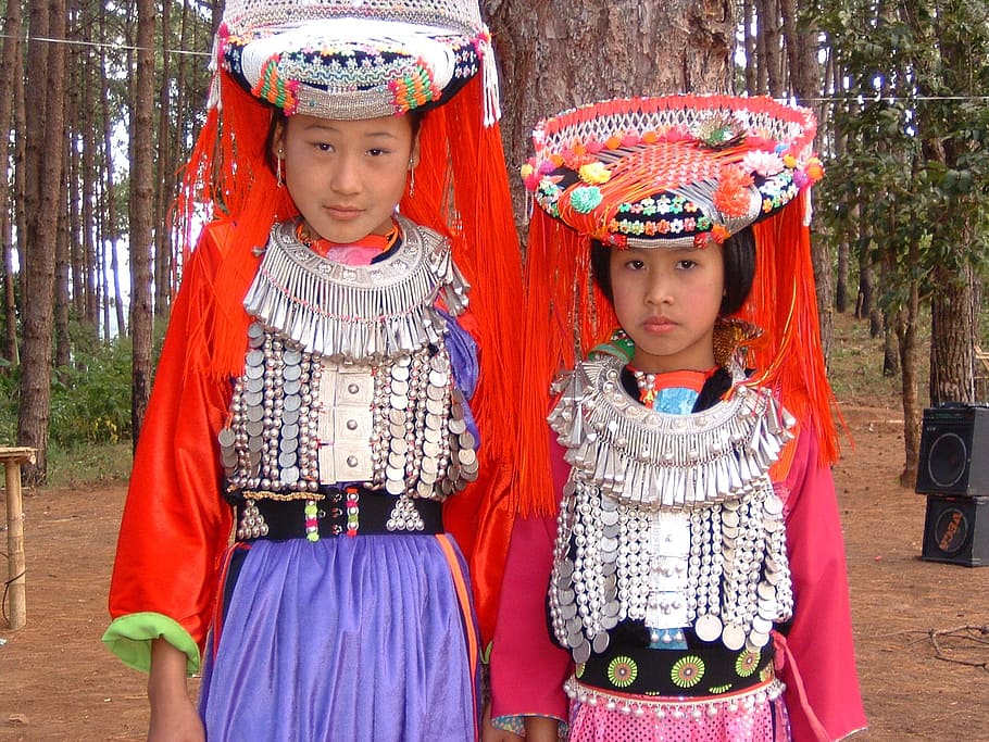 two, girl, wearing, red-and-gray, long-sleeved, traditional, dresses, tribal, people, nature