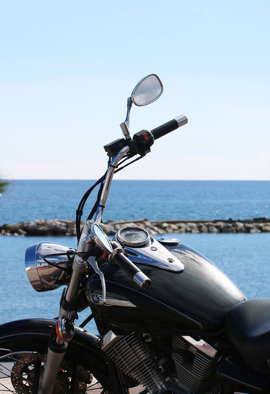 motorcycle, sea, beach, the rear-view mirror, on hold, water, yamaha, draw a star, transportation, mode of transportation