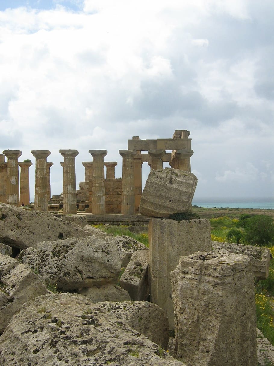 templo, griego, ruina, sombrío, estado de ánimo, nubosidad, nubes, amenaza, fin, configuración