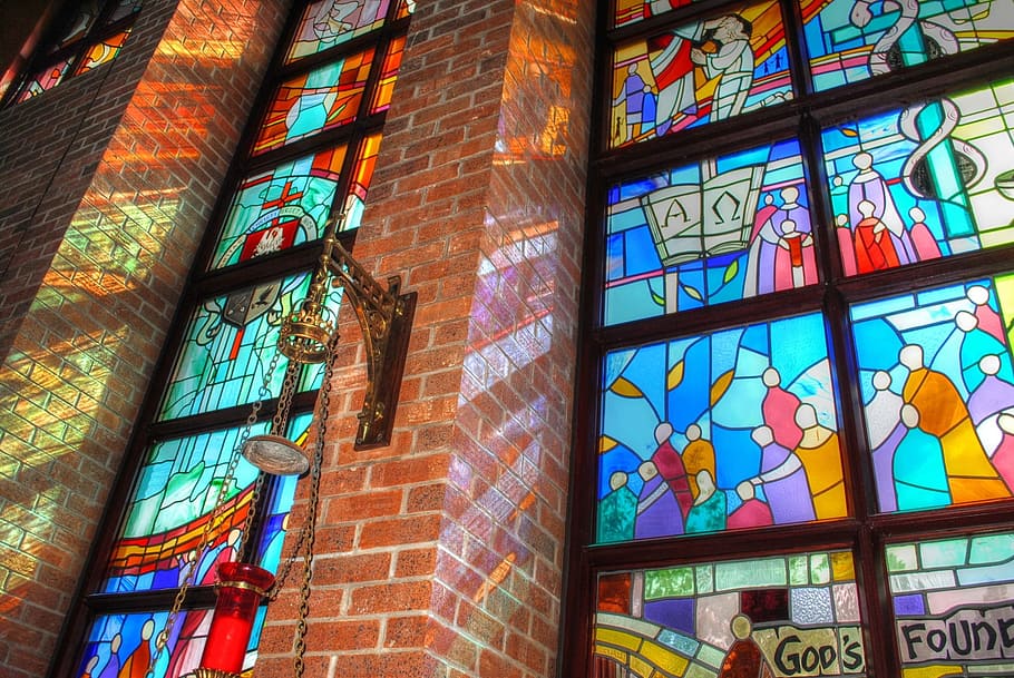 Manchado, vidrio, ventanas, iglesia, capilla, colorido, vitral, mosaico, decorativo, cristianismo