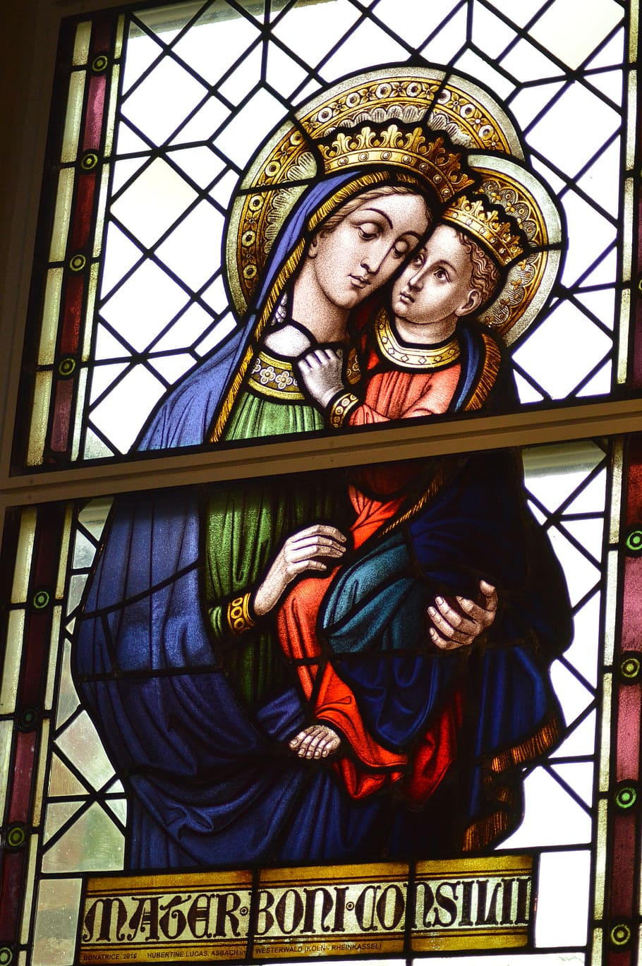 stained glass, window, church, sainte, woman, virgin, mary, child, arm, jesus