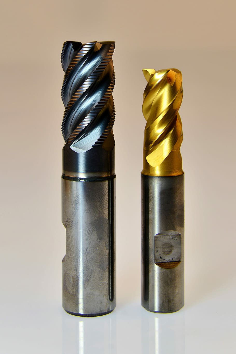 selective, focus photography, two, drill bits, milling cutters, end mill, milling, machining, gold, golden
