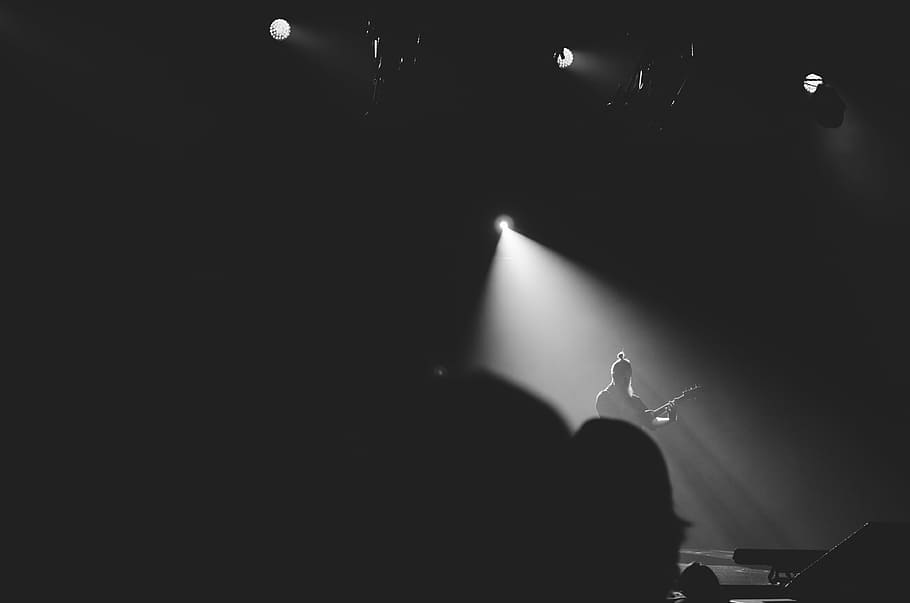 person, performing, stage, silhouette, playing, guitar, people, man, concert, spotlight