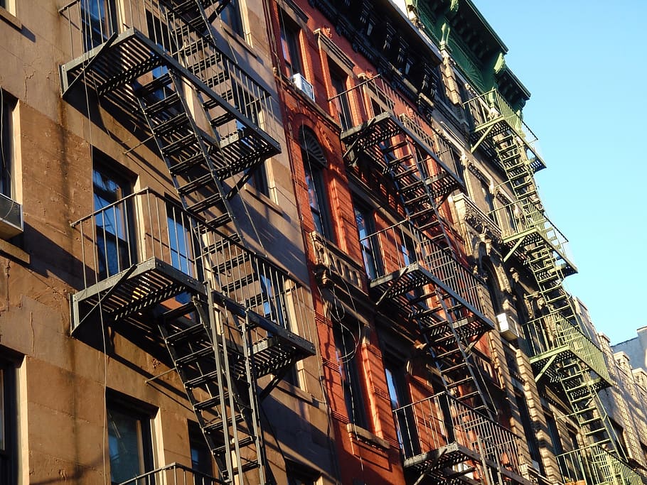 nueva york, incendio, escape, calle, escalera, metal, escaleras, seguridad, exterior, arquitectura