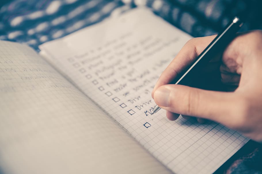 checklist, goals, box, notebook, pen, people, man, hand, to do, business