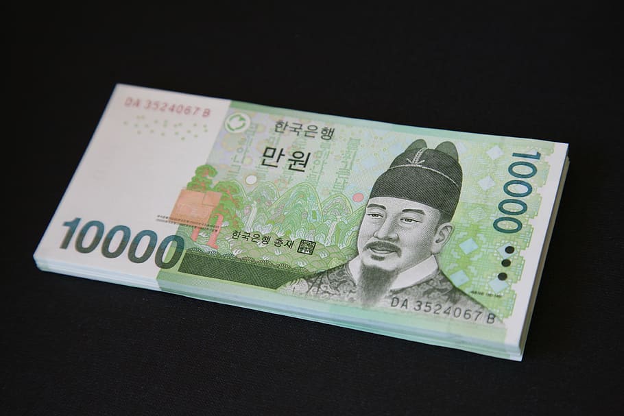 bundle, 10000 banknote, money, bills, don, 10 000 usd, krw, korea money, finance, paper currency