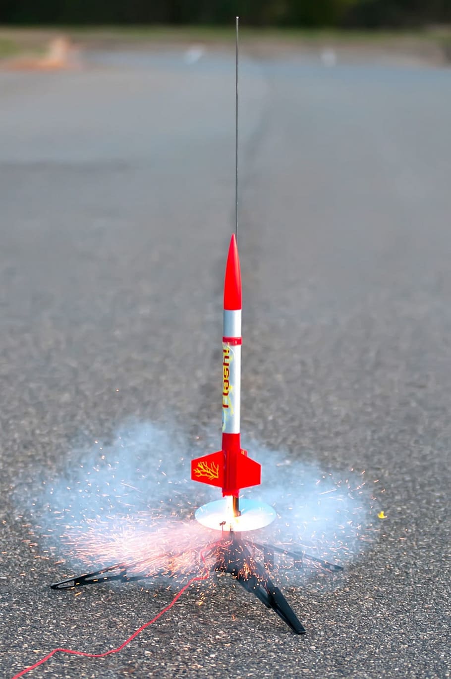 lighted rocket, Hobby, Rocket, Model, Launching, Launch, science, flight, asphalt, children