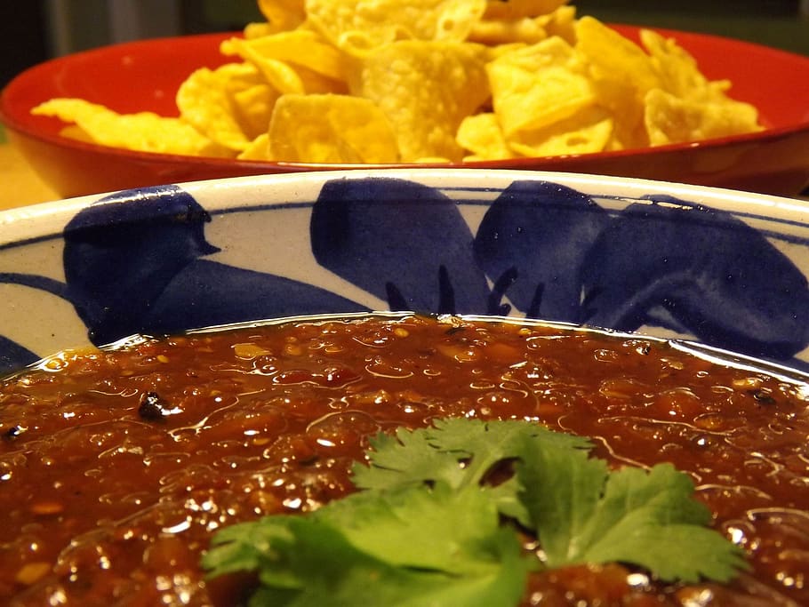 salsa, salsa and chips, chips, tortilla, dip, bowl, appetizer, cilantro, red, spicy