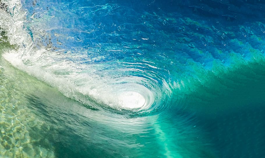 fotografi, di bawahnya, gelombang laut, gelombang, tabung, samudra, biru, berselancar, laras, musim panas