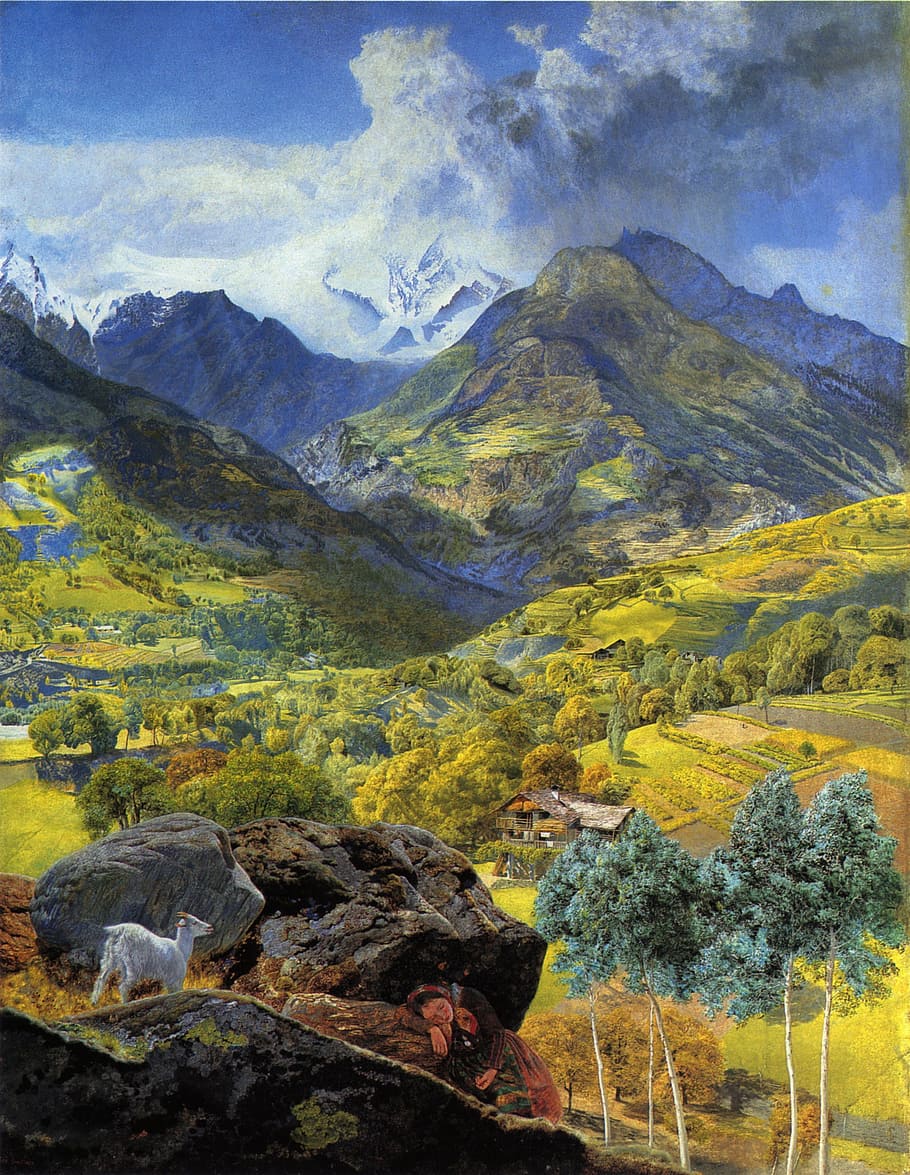 field, mountains painting, john brett, painting, art, oil on canvas, landscape, mountains, ravine, valley