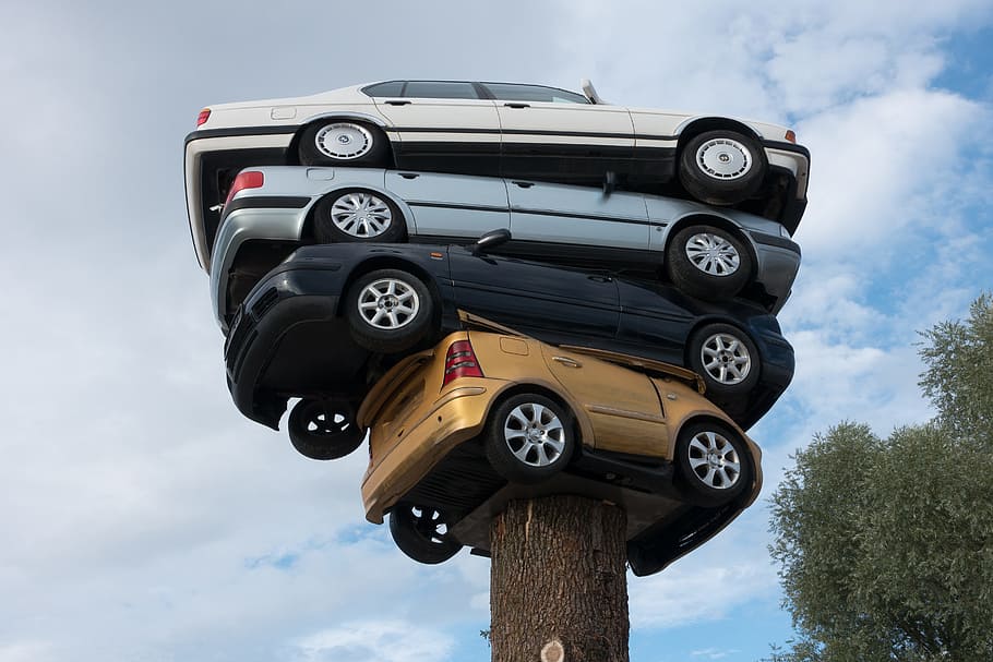 stack, four, cars, brown, wooden, trunk, Auto, Installation, Art, Stacked, Log