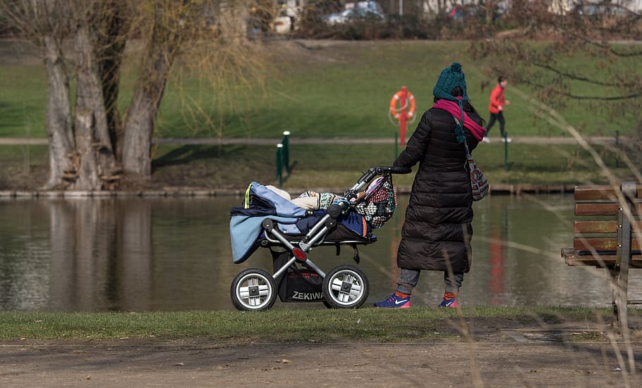 baby carriage, baby, small child, mother, woman, human, waters, walk, lake, berlin