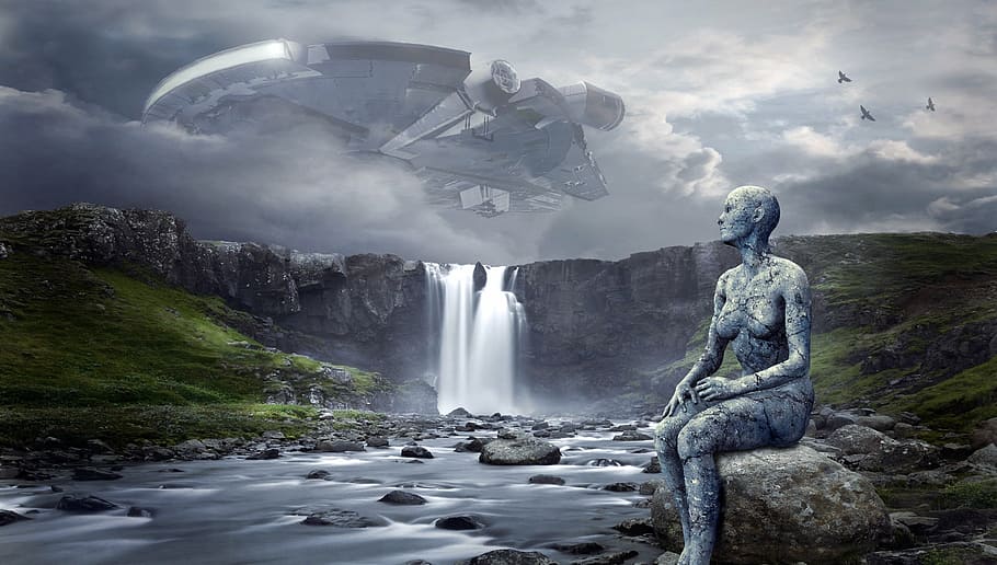 alienígena, cena do filme do pacto, nave espacial, ufo, paisagem, cachoeira, frente, ficção científica, composição, inteligência estrangeira
