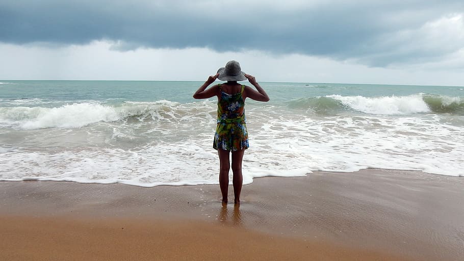woman, standing, seashore, daytime, Beach, Sea, Water, Sand, young woman, sea, water