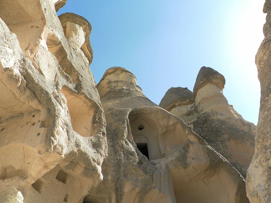 turkey, cappadocia, fairy chimneys, cave dwellings, rock churches, sky, history, the past, architecture, day