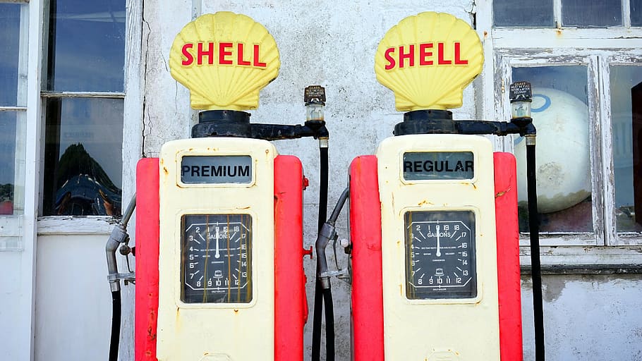 two, beige-and-red shell fuel dispensers, red, white, shell, vintage, fuel, pumps, still, items