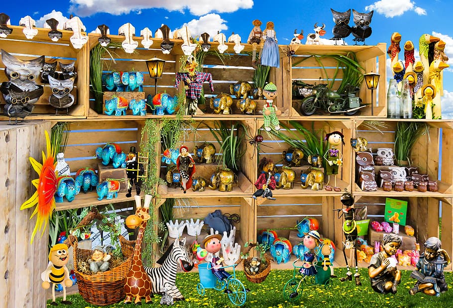 assorted-animal, wooden, crates, figures, garden, garden figurines, decoration, garden decoration, animals, wooden boxes