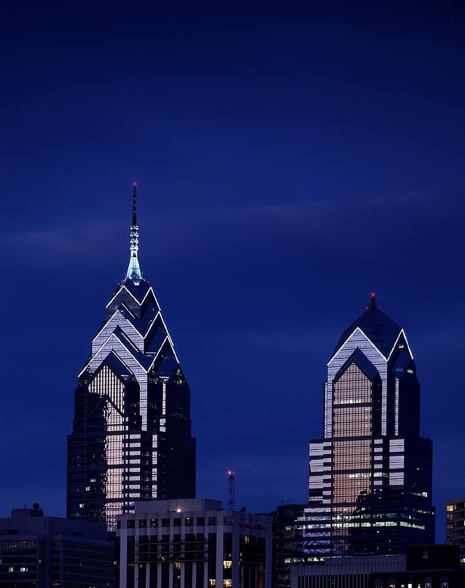 two, high-rise, buildings, nighttime, liberty place, philadelphia, architecture, towers, twin, complex