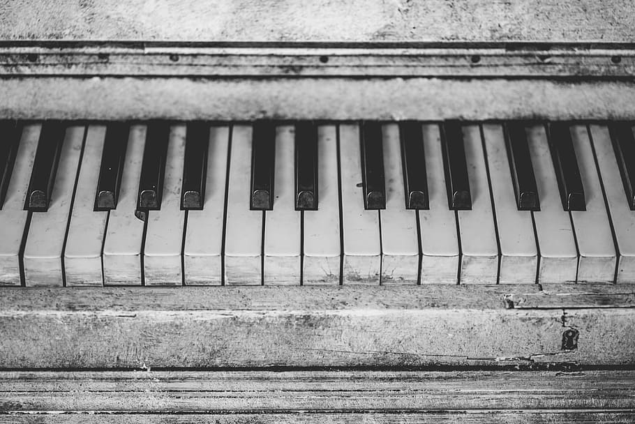 cinza, branco, eletrônicos, teclado, piano, instrumento, música, chaves, notas, velho