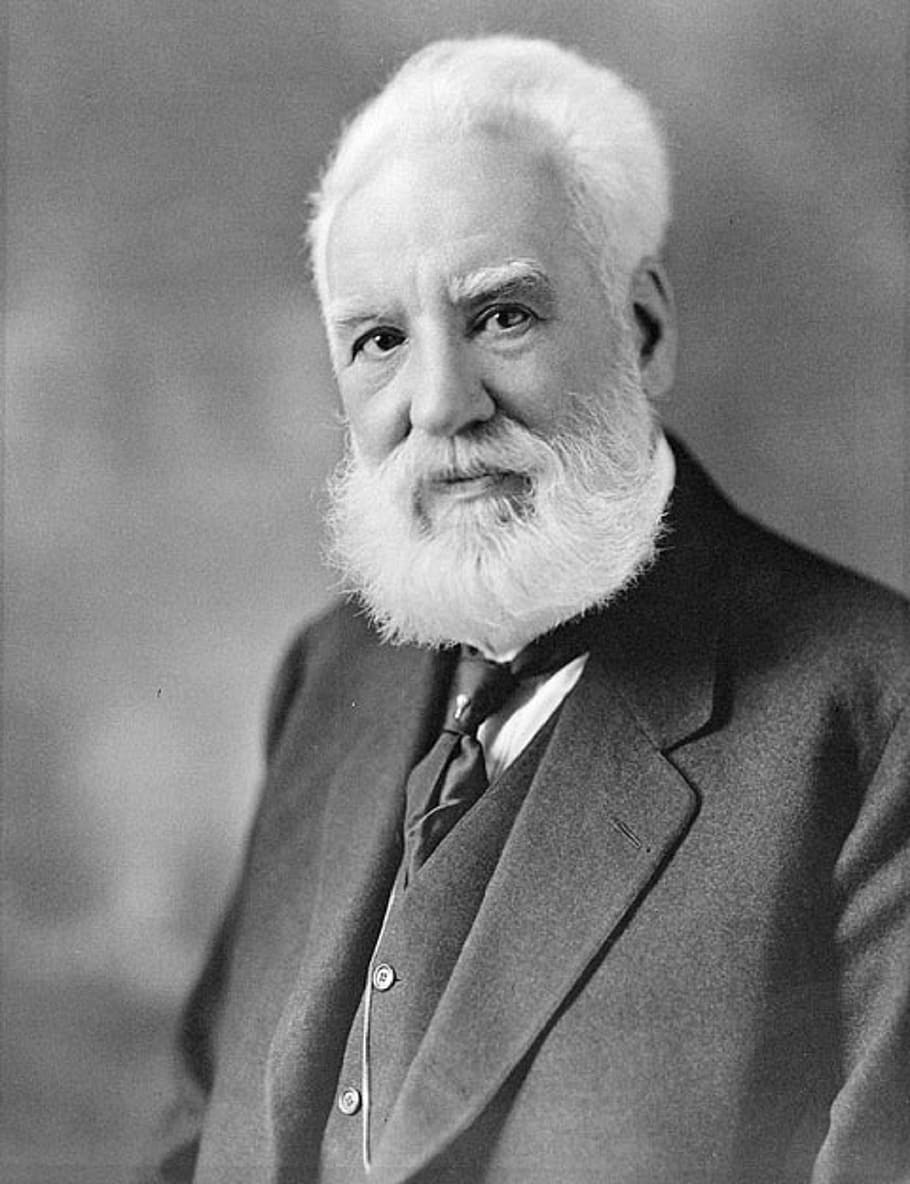 grayscale photo, man, suit jacket, alexander graham bell, scientist, inventor, engineer, innovator, first practical telephone, historical