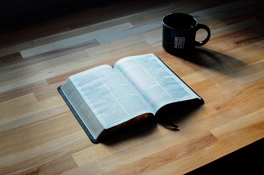 book, black, ceramic, mug, bible, old, paper, pages, testament, religion
