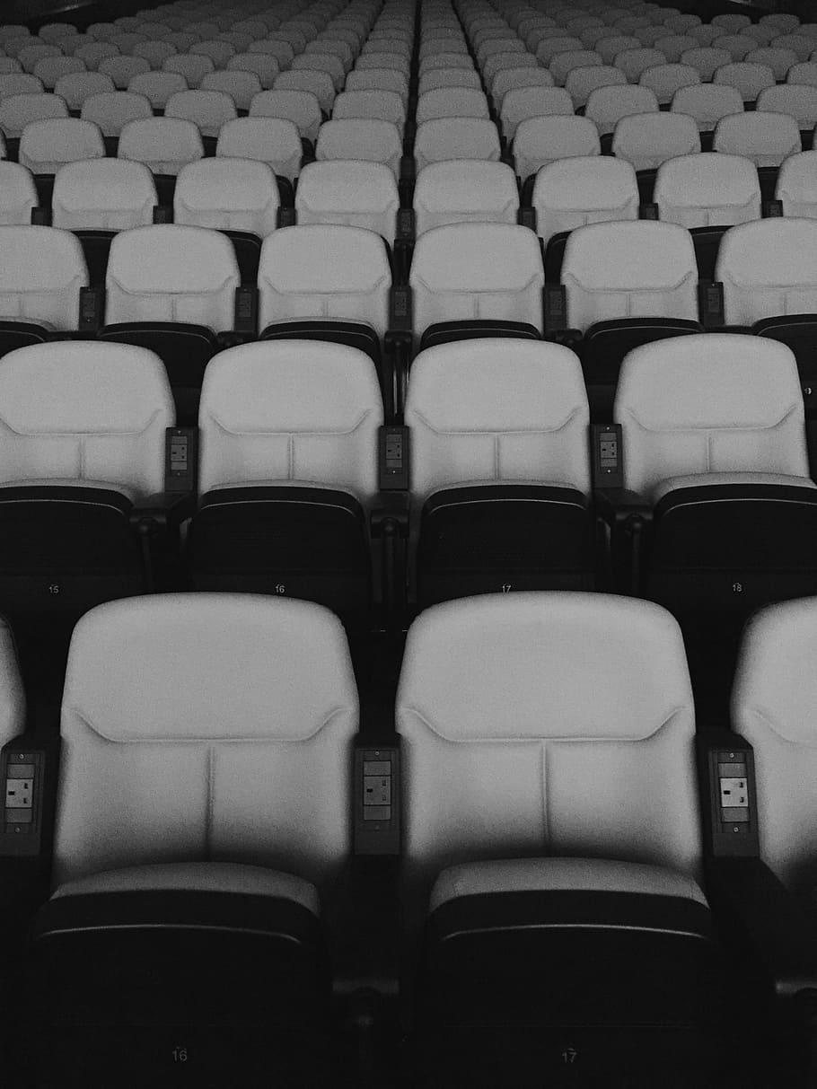 theater seats empty, chair, movie, watch, theater, line, empty, indoor, steel, black and white