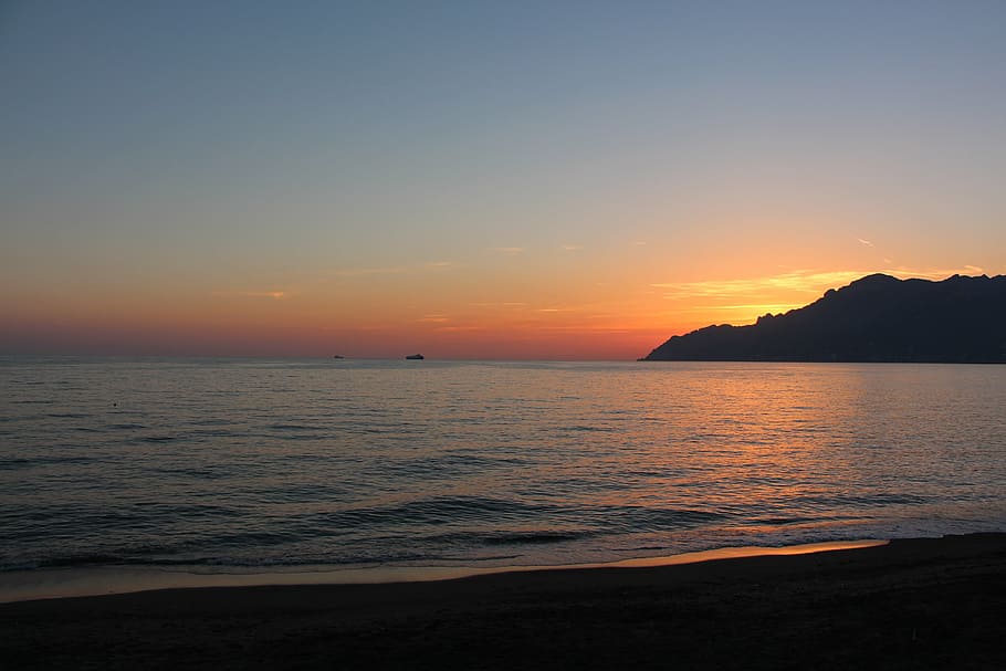 ビーチ, オレンジ, 夕日, アマルフィ海岸, サレルノ, 海, ティレニア海, 地中海, 砂, 穏やか