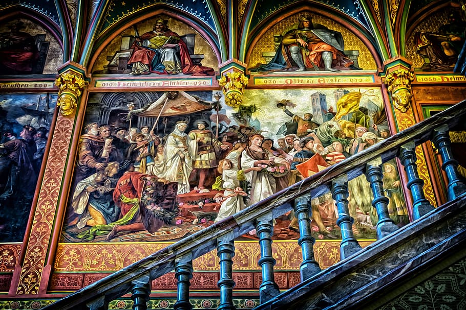 religious painting, gallery, gallery of ancestors, painting, art, stairs, mural, design, color, colorful