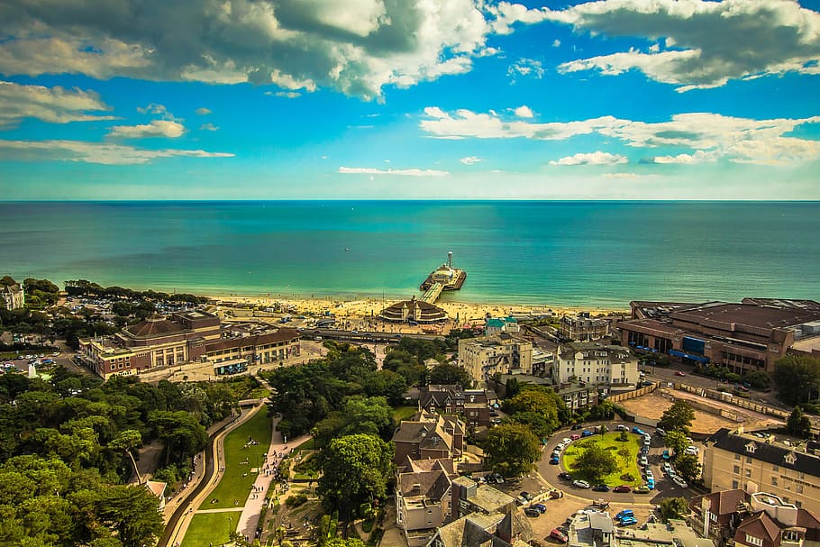brown, building structures, body, water, bournemouth, coast, panorama, cityscape, architecture, summer