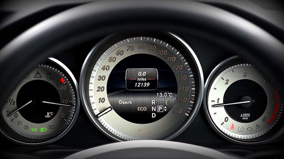 black, analog instrument cluster panel, automobile, automotive, car, close-up, dashboard, odometer, speedometer, vehicle