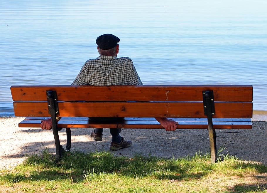 person, sitting, brown, wooden, bench, sit, bank, human, rest, look