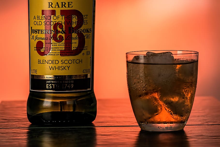 j&b, blended, scotch whiskey bottle, shot glass, scotch whisky, drink, alcohol, glass, beverage, scotch